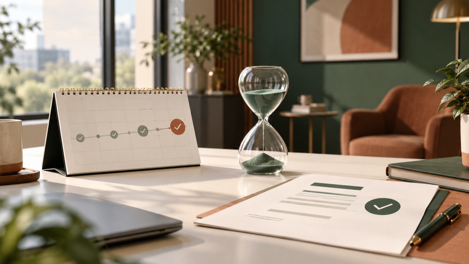 Kalender und Sanduhr als Symbol für BAFA Bearbeitungszeit und Auszahlung einer Unternehmensberatung