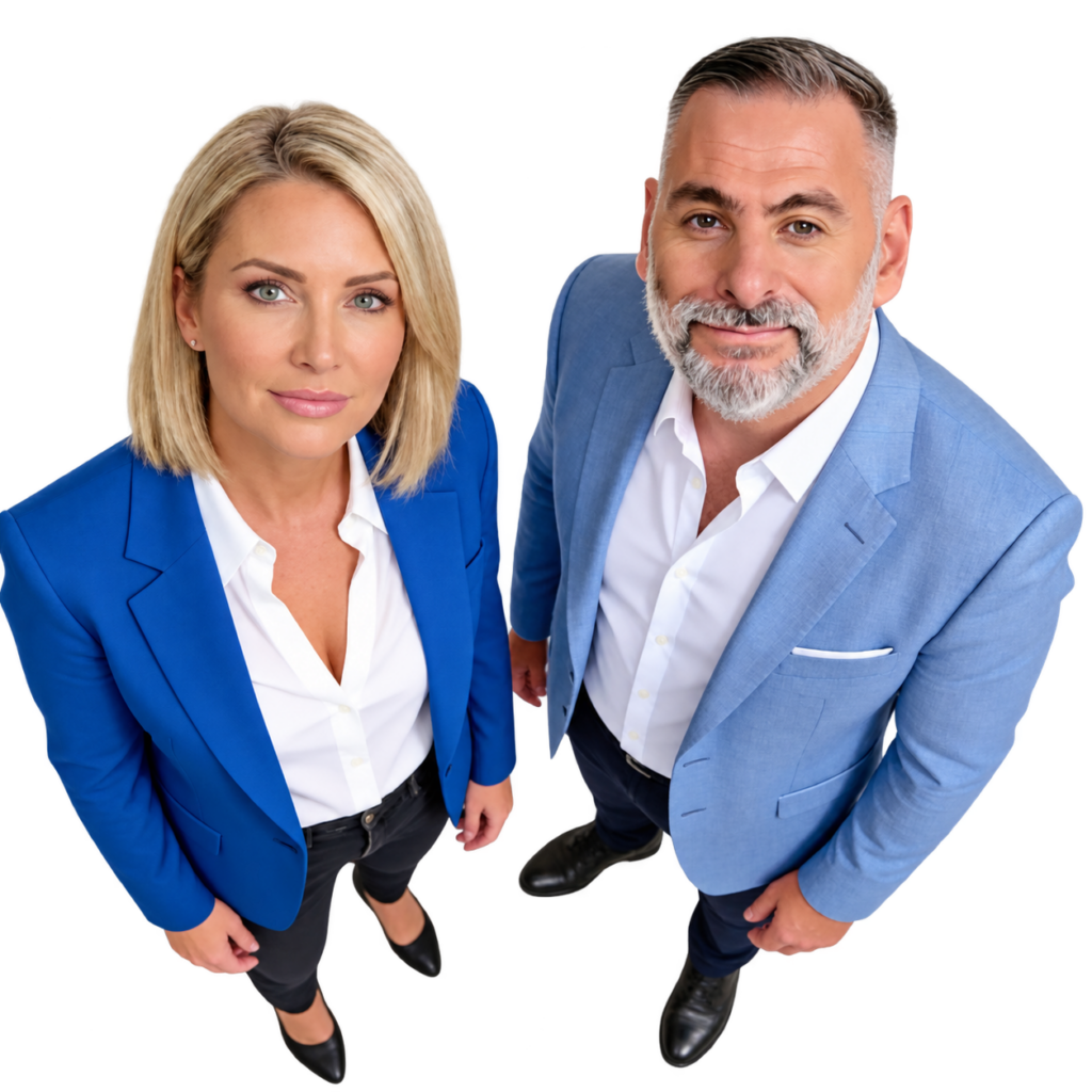 Beraterin und Berater in blauen Blazern für KMU-Beratung