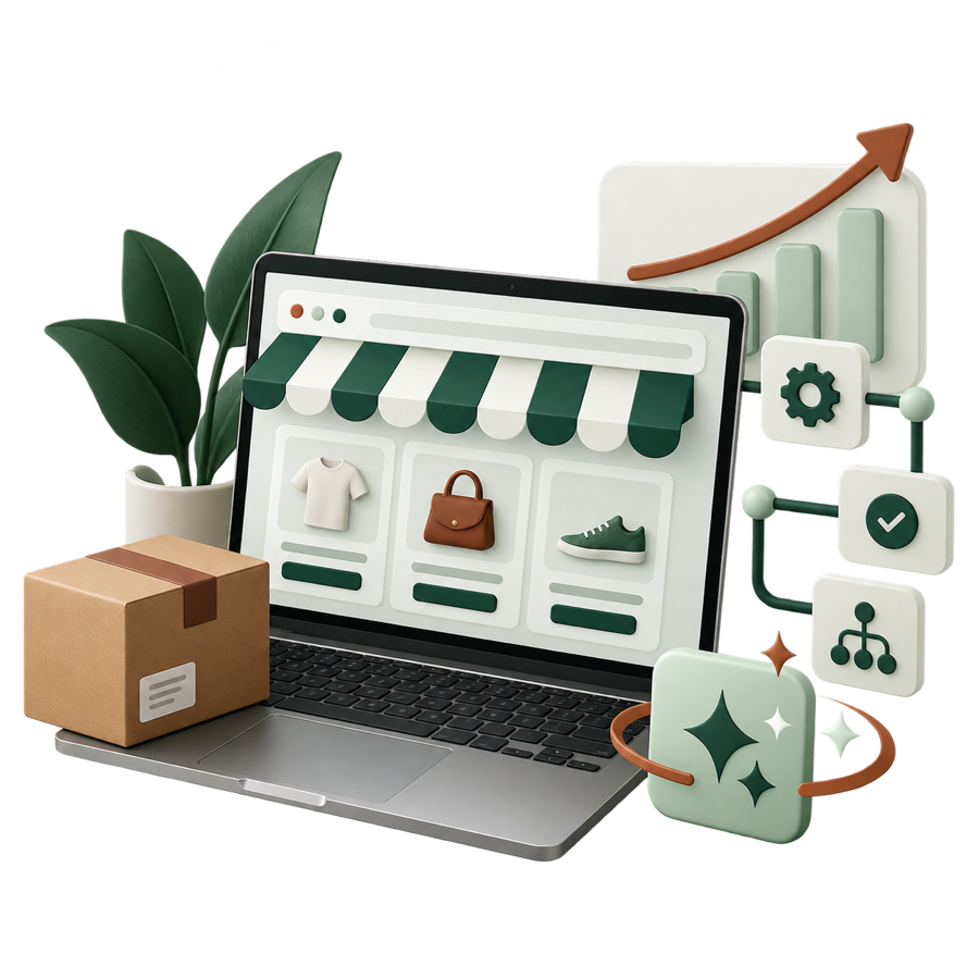 Illustration zur BAFA-Beratung für Onlineshops mit Warenkorb, Shop, Datenanalyse und Prozessoptimierung